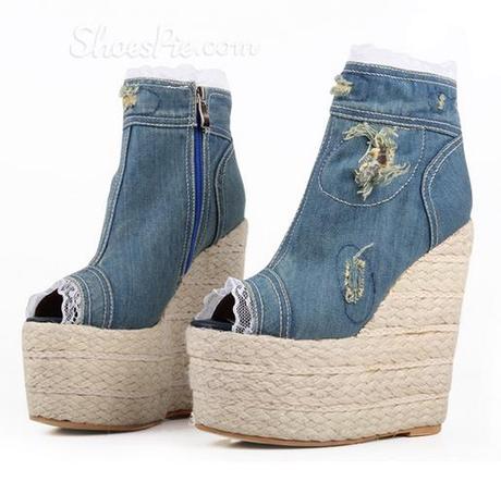 Prepossessing Denim Flower Print Wedge Heels 