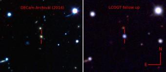 Immagine in falsi colori che mostra la galassia ospite di ASASSN-15lh prima (a sinistra nella ripresa della Dark Energy Camera) e dopo la sua esplosione (a destra, ripresa dal Las Cumbres Observatory Global Telescope Network) 