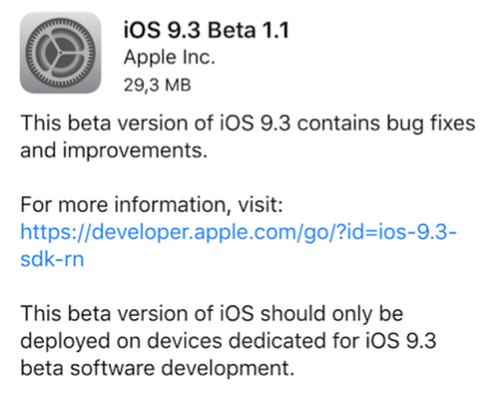 Apple rilascia iOS 9.3 beta agli sviluppatori [Aggiornato x3, rilasciata versione beta ai tester pubblici e nuovo aggiornamento iOS 9.3 beta 1.1]