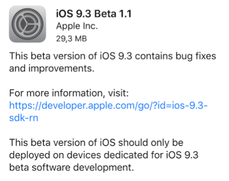 iOS 9.3 beta – Apple lo rilascia agli sviluppatori [Aggiornato x3, versione beta tester pubblici e nuovo aggiornamento iOS 9.3 beta 1.1]