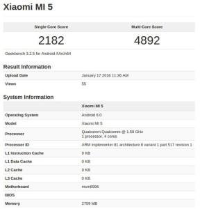 Xiimi Mi5 si mostra su GeekBench con Snapdragon 820 ed Android 6.0