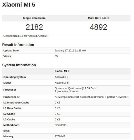 Xiaomi Mi5 GeekBench