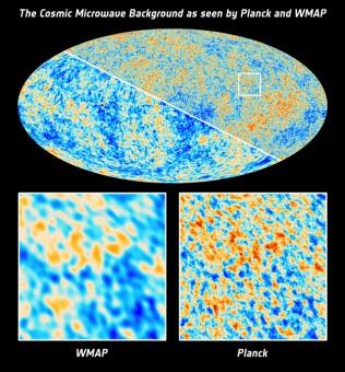 Il CMB visto da Planck e WMAP. Crediti: ESA and the Planck Collaboration; NASA / WMAP Science Team