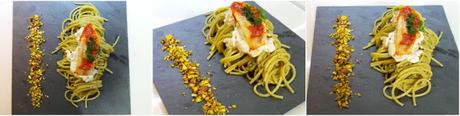 Spaghetti triglie pesto di pistacchi e burrata