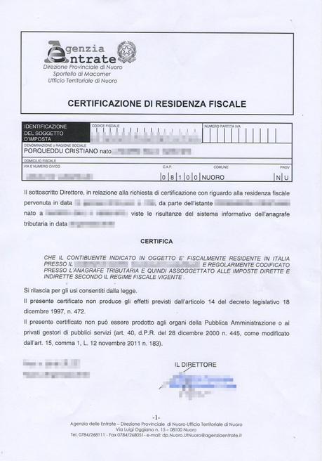 Certificazione Residenza Fiscale