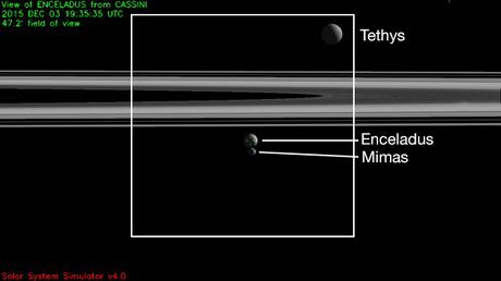 Cassini ha scattato questa immagine utilizzando i filtri rosso, blu e verde della sua camera ad angolo stretto (Narrow Angle Camera) il 3 dicembre 2015 alle 19:35:35 (UTC).