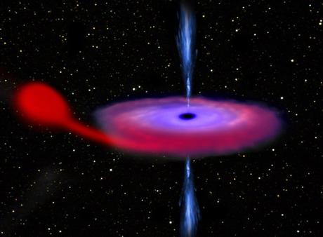 Una rappresentazione artistica del sistema binario V404 Cygni: a sinistra la stella che perde massa, al centro il buco nero con il disco di accrescimento formato dalla materia 