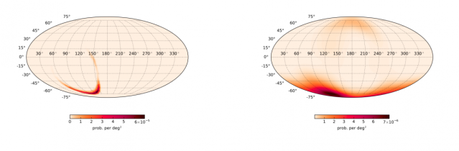 Mappa celeste con la localizzazione dei raggi gamma rilevati da Fermi (a destra) e della sorgente di onde gravitazionali rilevata dai due interferometri di LIGO (a sinistra). Crediti: Connaughton et al. The Astrophysical Journal