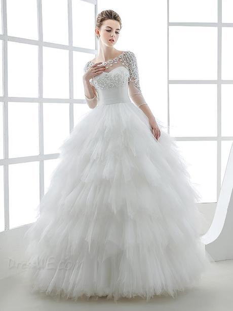 Dresswe.com SUPPLIES Classic 3/4-Length Sleeves Scoop Neck Tiered Wedding Dress Wedding Dresses 2016