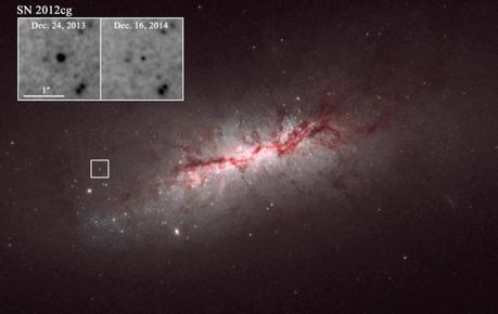 Un'immagine scattata dal telescopio spaziale Hubble della galassia NGC 4424, che si trova a circa 50 milioni di anni luce di distanza da noi. Nei riquadri due zoom di SN 2012cg, una supernova di tipo Ia osservata a circa un anno di distanza. Crediti: NASA/Hubble Space Telescope