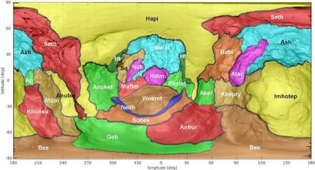 Mappa della cometa 67P che identifica i confini approssimativi delle regioni in cui è suddiviso l'emisfero sud, in seguito alla definizione delle tre nuove regioni: Bes, Geb e Meith. Crediti: ESA/Rosetta/OSIRIS/El-Maarry et al. 2016 (in preparazione)