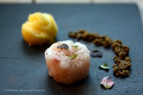 “Vietato Vietare” ovvero tartare di rana pescatrice, crumble di farina di canapa, sorbetto agli agrumi ed i loro mieli