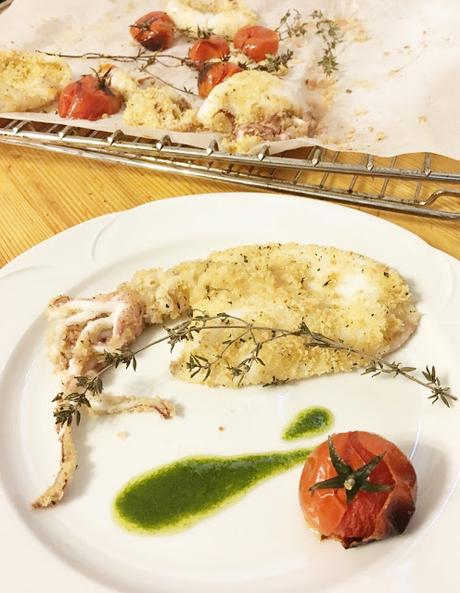 Calamari al forno con Emulsione al Basilico e Pomodori Appassiti