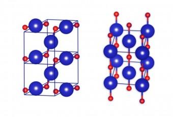 Questa immagine mostra le strutture cristalline di monossido di kripton (KrO): quella più stabile a sinistra, quella meno stabile a destra. Gli atomi kripton sono rappresentati con il colore blu, mentre quelli di ossigeno sono di colore rosso. Crediti: IPC PAS