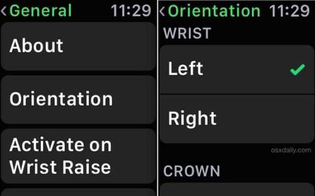 Apple Watch cambiare orientamento sinistra destra icone display