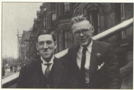Howard Phillips Lovecraft and Donald Wandrei on the steps of Frank Belknap Long's browstone in Brooklyn. 