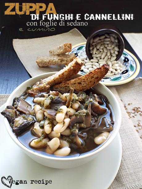 Zuppa di funghi e cannellini con foglie di sedano e cumino