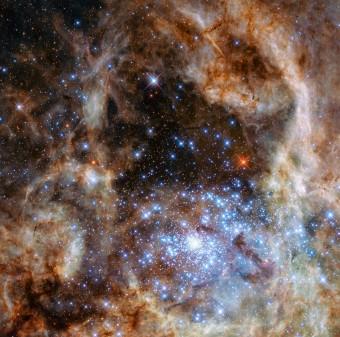 La regione centrale della nebulosa della Tarantola, nella grande Nube di Magellano. Il giovane ammasso stellare R136 è visibile nella zona in basso a destra dell'immagine. Crediti: NASA, ESA, P Crowther (University of Sheffield)