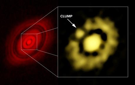 Immagine ALMA (sx) e VLA (dx) del disco protoplanetario di HL Tauri; nel riquadro si può scorgere l’agglomerato di polvere (clump). Crediti: Carrasco-Gonzalez, et al.; Bill Saxton, NRAO/AUI/NSF