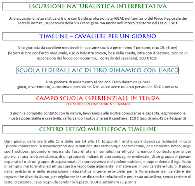 Tariffe Esperienze e Scuole Archeoparco Vulcano 2016