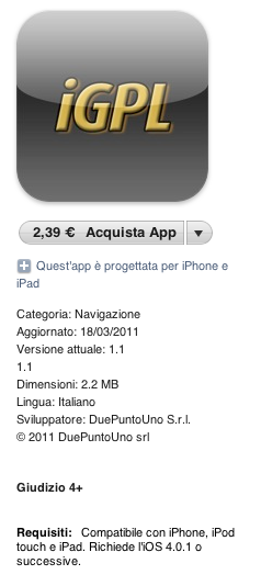 Aggiornamento per l'applicazione iGPL 1.1 Aggiornamento per l'applicazione iGPL 1.1