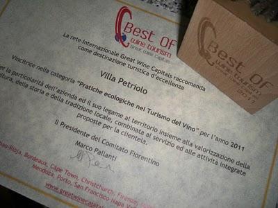 Il premio BEST OF WINE TOURISM 2011 a Villa Petriolo. Stamani la cerimonia di premiazione a  Firenze