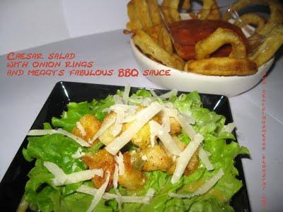 Caesar Salad with onion rings and Meggy's fabulous BBQ sauce