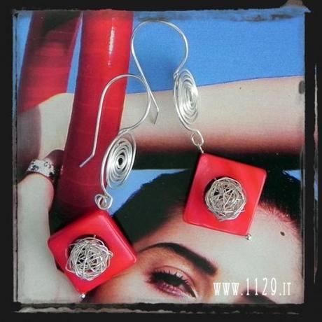 MCROPE orecchini rossi spirale argento   silver spiral red mop earrings 1129