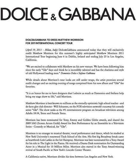 Dolce & Gabbana vestiranno Matthew Morrison Tour
