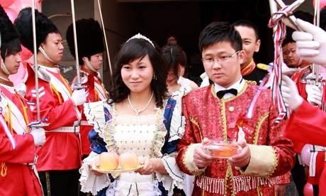 A bride and groom at their wedding ceremony in Nanjing city, China