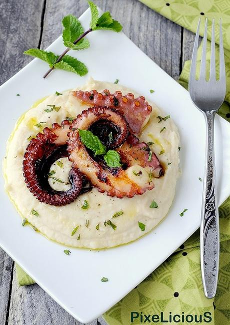 Polpo Arrostito su Crema di Fagioli Piattelline e Olio alla Menta Polpo Arrostito su Crema di Fagioli Piattelline e Olio alla Menta