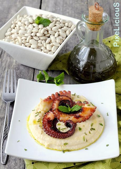 Polpo Arrostito su Crema di Fagioli Piattelline e Olio alla Menta Polpo Arrostito su Crema di Fagioli Piattelline e Olio alla Menta