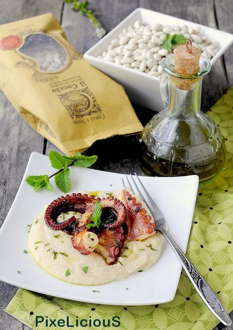 Polpo Arrostito su Crema di Fagioli Piattelline e Olio alla Menta Polpo Arrostito su Crema di Fagioli Piattelline e Olio alla Menta