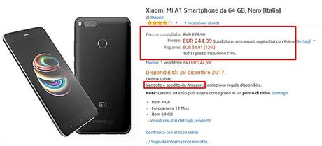 Xiaomi Mi A1 disponibile a 244 euro venduto e spedito da Amazon Xiaomi Mi A1 disponibile a 244 euro venduto e spedito da Amazon