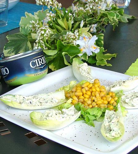 tofu-ricotta cream with fresh herbs and ginger/bay flavoured sweet corn