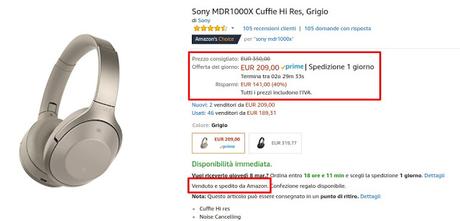 Offerta del giorno Amazon: cuffie Sony MDR1000X con riduzione del rumore a 209 euro vendute e spedite da Amazon Offerta del giorno Amazon: cuffie Sony MDR1000X con riduzione del rumore a 209 euro vendute e spedite da Amazon