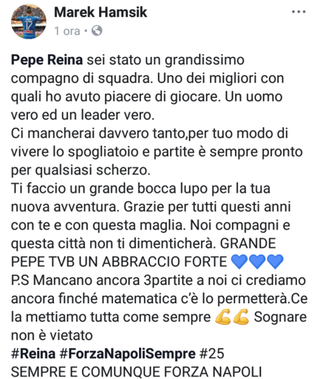 Hamsik saluta Reina: “Grazie per tutti questi anni. Napoli non ti dimenticherà” Hamsik saluta Reina: “Grazie per tutti questi anni. Napoli non ti dimenticherà”