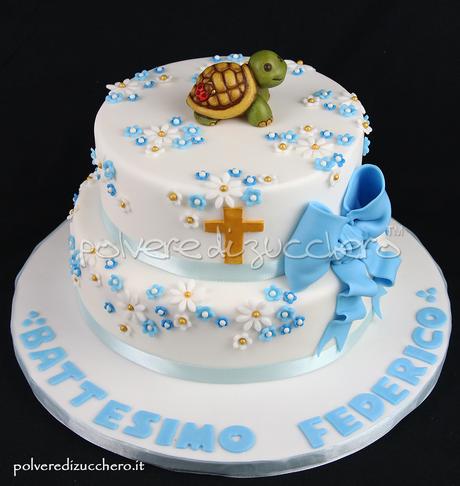polveredizucchero.it cake design torta decorata pasta di zucchero battesimo tartaruga thun fiori croce fiocco fondant paste baptsim turtle flower cross bow