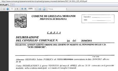 Il comune di Grizzana Morandi si preoccupa delle scie chimiche ed approva all'unanimità al riguardo una chiara mozione di denuncia del fenomeno