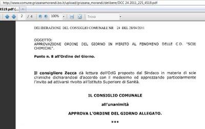 Il comune di Grizzana Morandi si preoccupa delle scie chimiche ed approva all'unanimità al riguardo una chiara mozione di denuncia del fenomeno