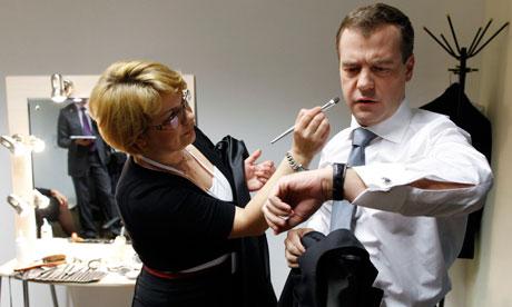 Dmitry Medvedev prepares for the news conference 