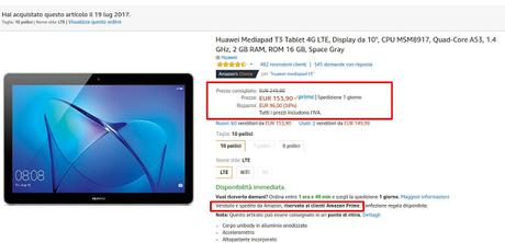 Huawei MediaPad T3 10 LTE in offerta a 153 euro venduto e spedito da Amazon Huawei MediaPad T3 10 LTE in offerta a 153 euro venduto e spedito da Amazon