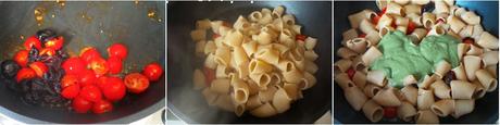 Preparazione Rigatoni di Timilia spinaci e ricotta e olive Rigatoni crema di spinaci e ricotta, olive e pomodorini