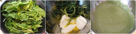 Preparazione spinaci e ricotta Rigatoni crema di spinaci e ricotta, olive e pomodorini
