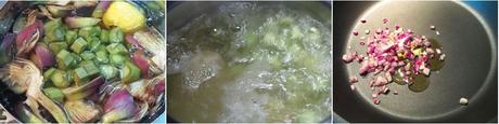 Preparazione dei carciofi Tagliatelle carciofi e ricotta su crema di carciofi