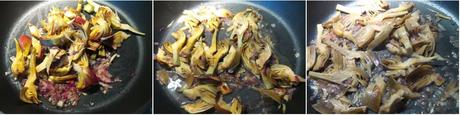 Preparazione dei carciofi Tagliatelle carciofi e ricotta su crema di carciofi