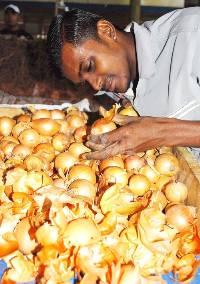 Yogesh Karan Nair controlla delle cipolle al Lautoka Market