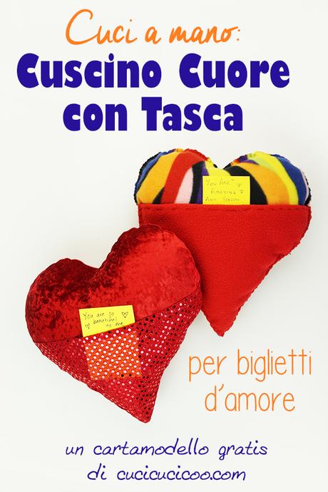 Come fare un cuscino cuore cucito a mano con tasca Festeggia San Valentino con messaggi d’amore dentro la tasca di questo cuscino cuore cucito a mano! Il cartamodello gratis è semplice per principianti e bambini da cucire a mano o a macchina. #sanvalentino #sanvalentinofaidate