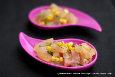 Il piatto insolito: insalata di nervetti di vitello con mais dolce, coriandolo, mostarda di mela a spicchi e Olio EVO