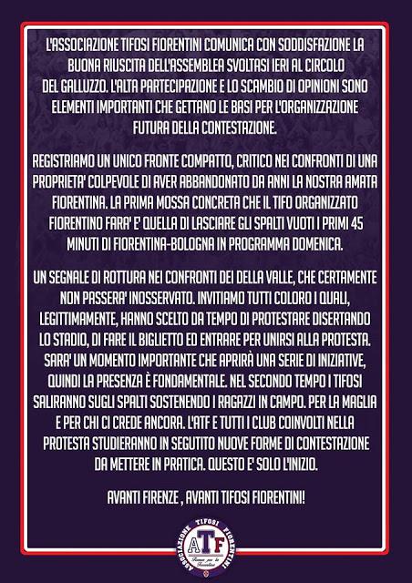 ATF Associazione Tifosi Fiorentini: 'spalti vuoti i primi 45 minuti di Fiorentina-Bologna in programma domenica. Questo è solo l’inizio' ATF Associazione Tifosi Fiorentini: 'spalti vuoti i primi 45 minuti di Fiorentina-Bologna in programma domenica. Questo è solo l’inizio'